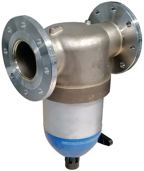 Syr Flanschfilter mit zwei Flanschen, einem zylindrischen Körper und einer unteren Entlüftungsöffnung. Metallisches Gehäuse mit Kunststoffelement.